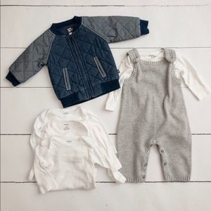 Denim jacket, gray romper, white long sleeves